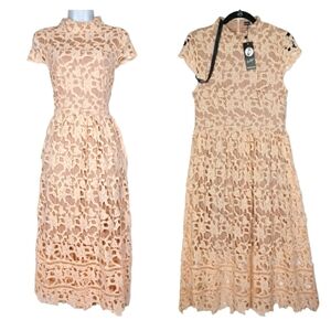 BOOHOO Nude Cream Lace High Neck Skater A-Line Cap Sleeve Midi Dress 10 M NWT